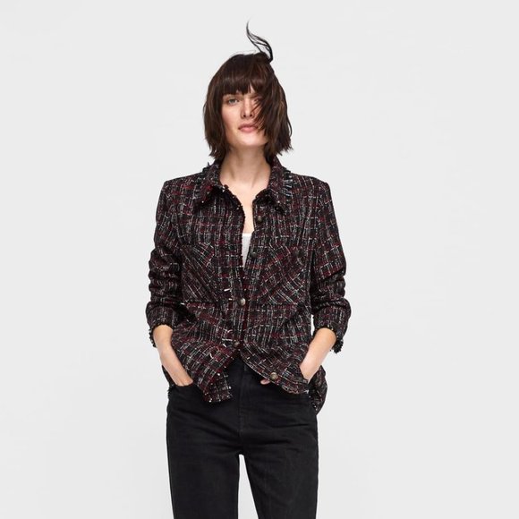 NWT Zara Size M Black Red Tweed Button Up Jacket - Picture 3 of 3